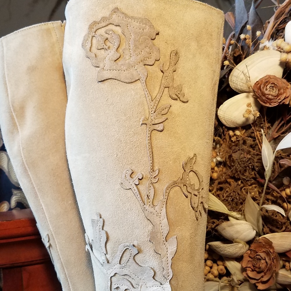 Rose-Vine Appliqued Boots Suede Stilettos